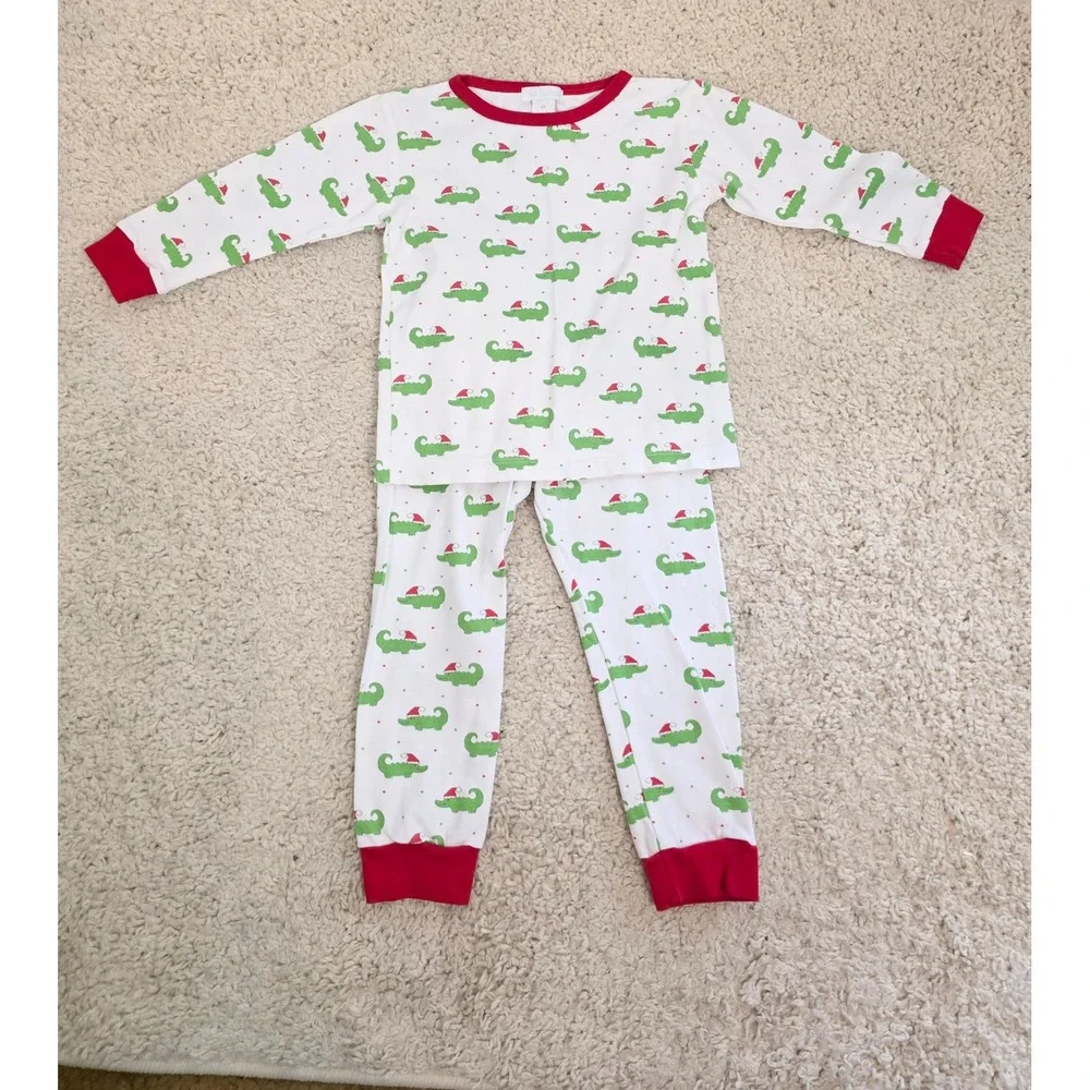 La Luna Christmas Alligator Pajamas Set 4T White Red Green Santa Hat Holiday